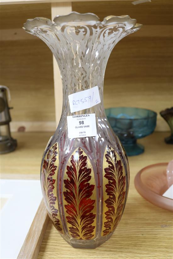 An overlaid etched and gilded glass vase height 35cm